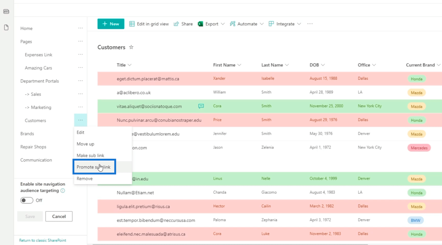 Přidání navigace v seznamu SharePoint