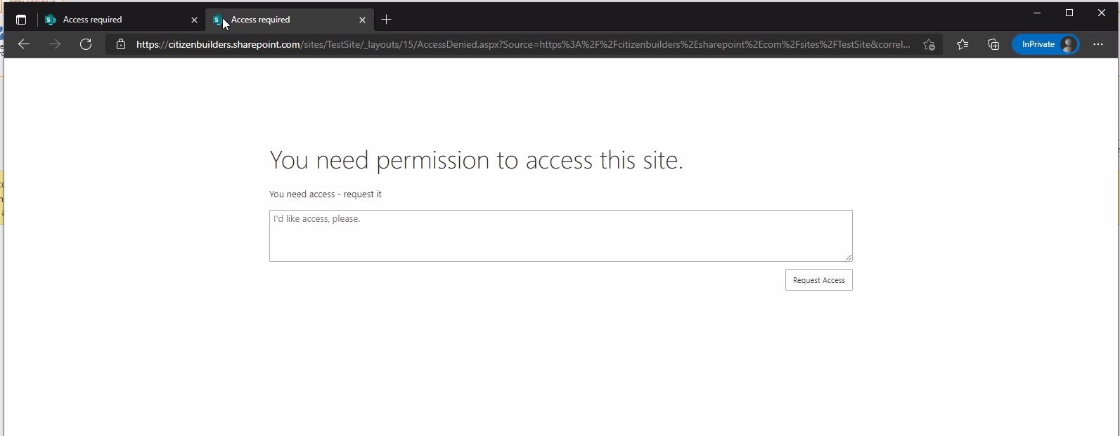 SharePoint webhely-hozzáférési kérelem testreszabása