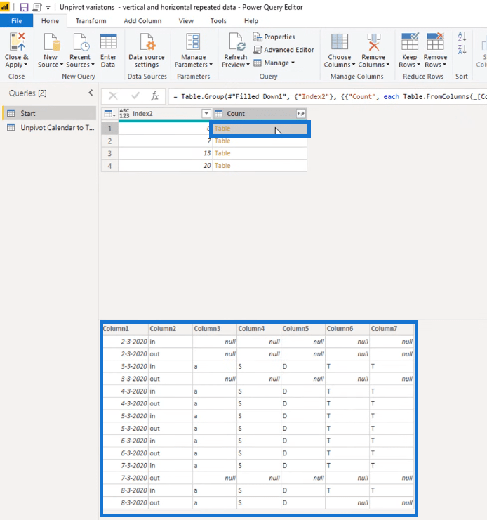 Forvandling af kalendertypelayout til tabelformat i LuckyTemplates ved hjælp af Query Editor