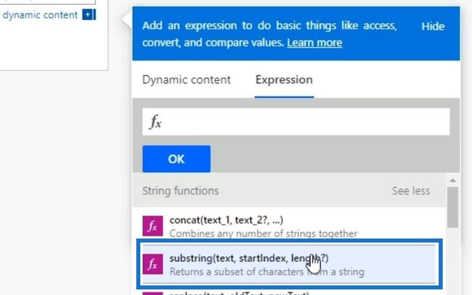 Power Automate String Funkciók: Alkarakterlánc és IndexOf