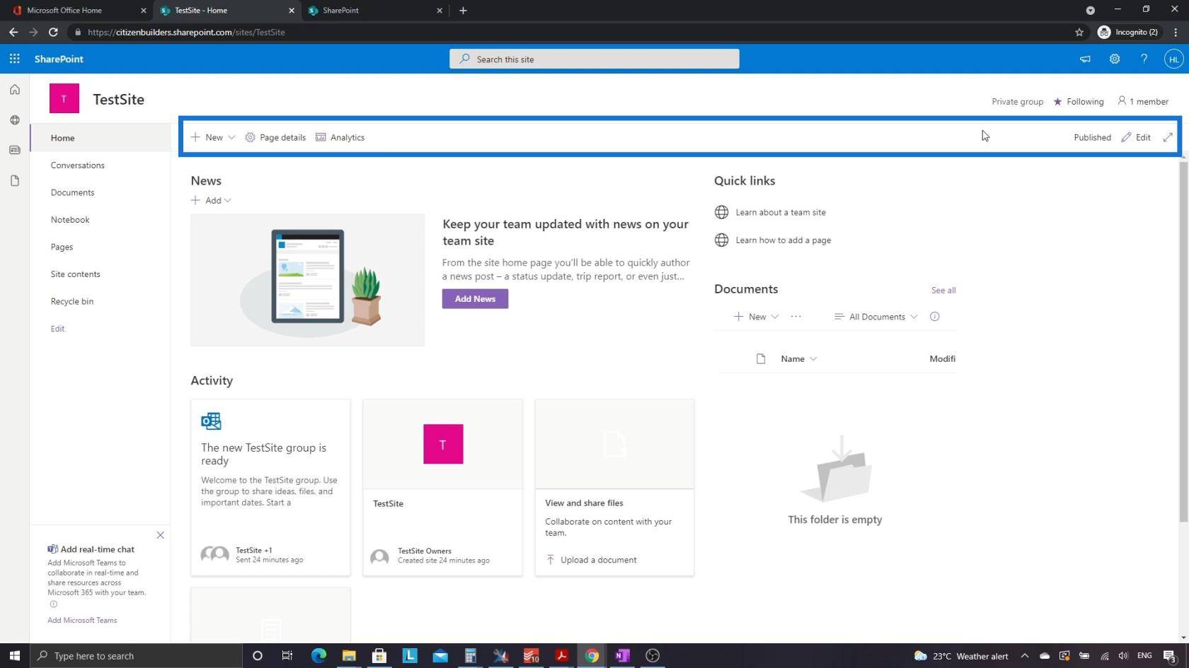 SharePoint-websted |  Layout og menugennemgang