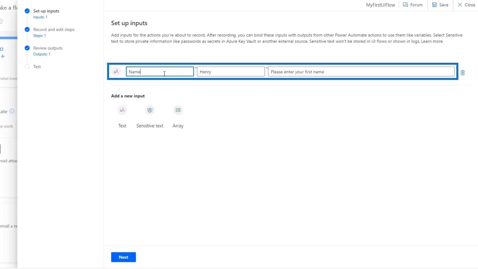 UI Flow bemenetek a Microsoft Power Automate-ban