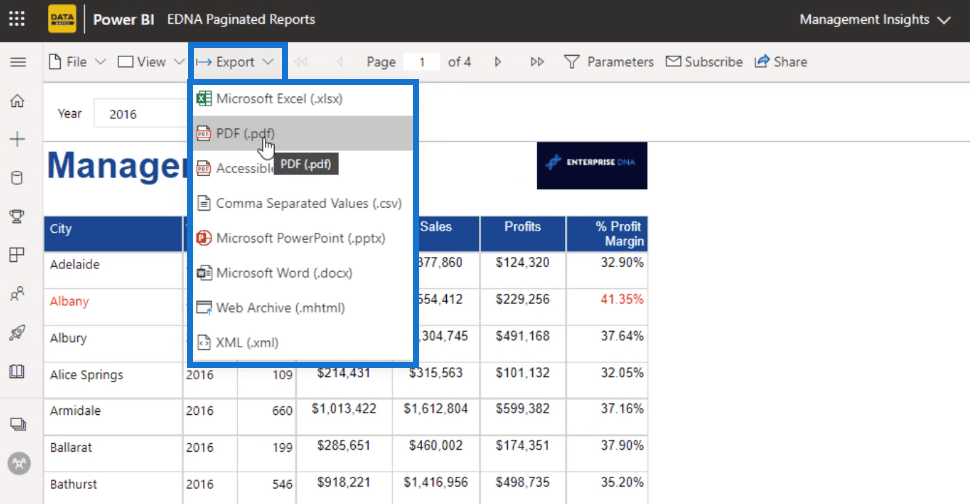 Paginerade rapporter i LuckyTemplates: Hur man publicerar och exporterar