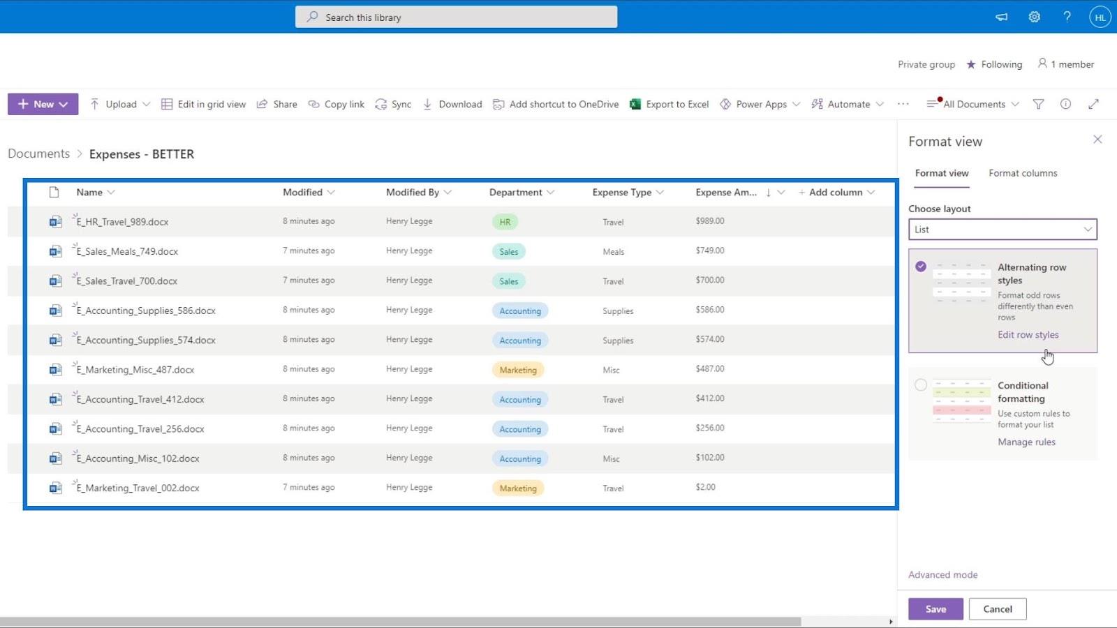 Se formatering i SharePoint