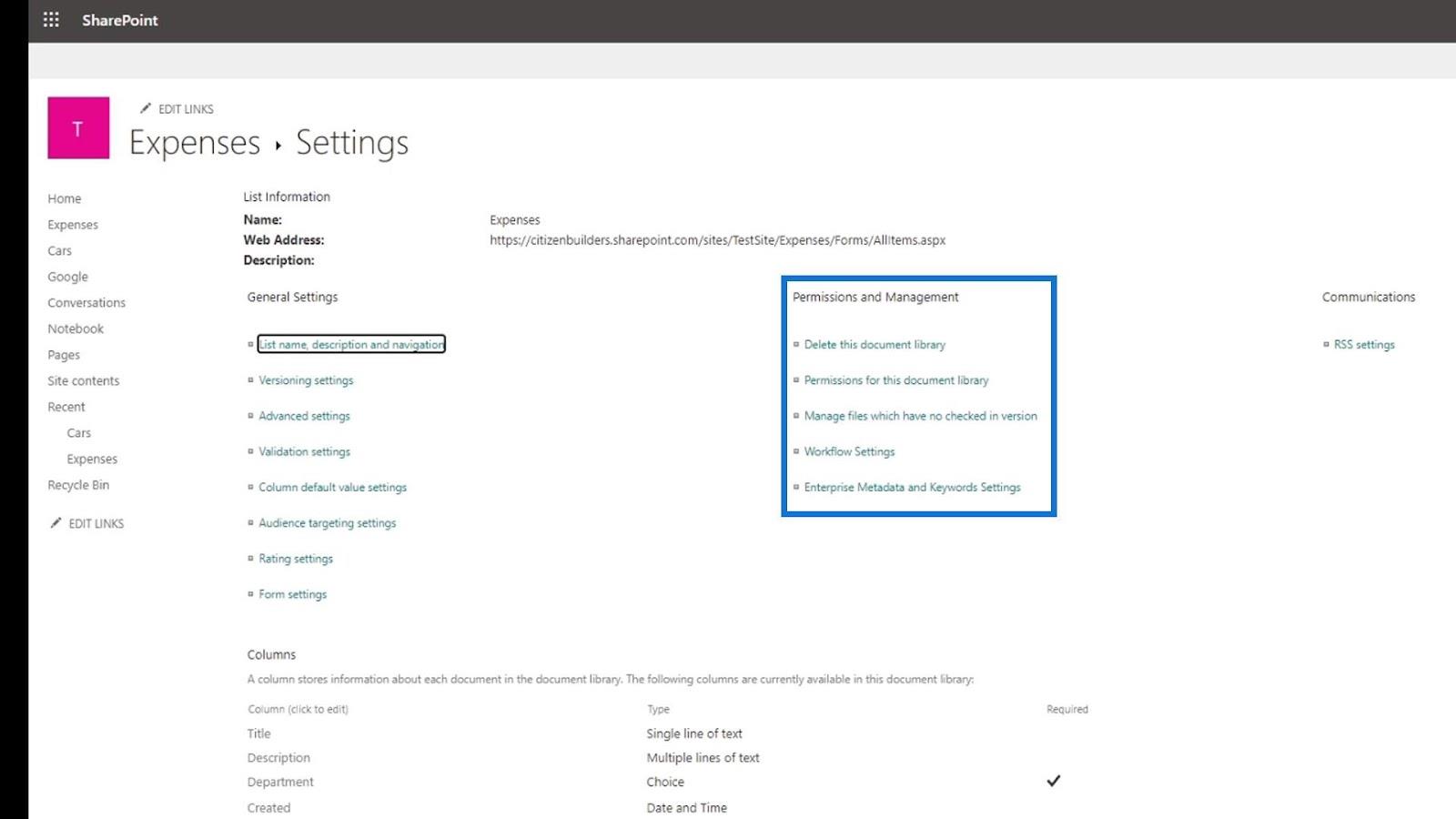 Innstillinger for SharePoint-nettstedbibliotek |  Et overblikk