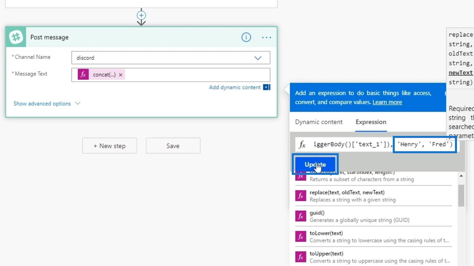 Microsoft Flow String Functions: Concat ja Replace