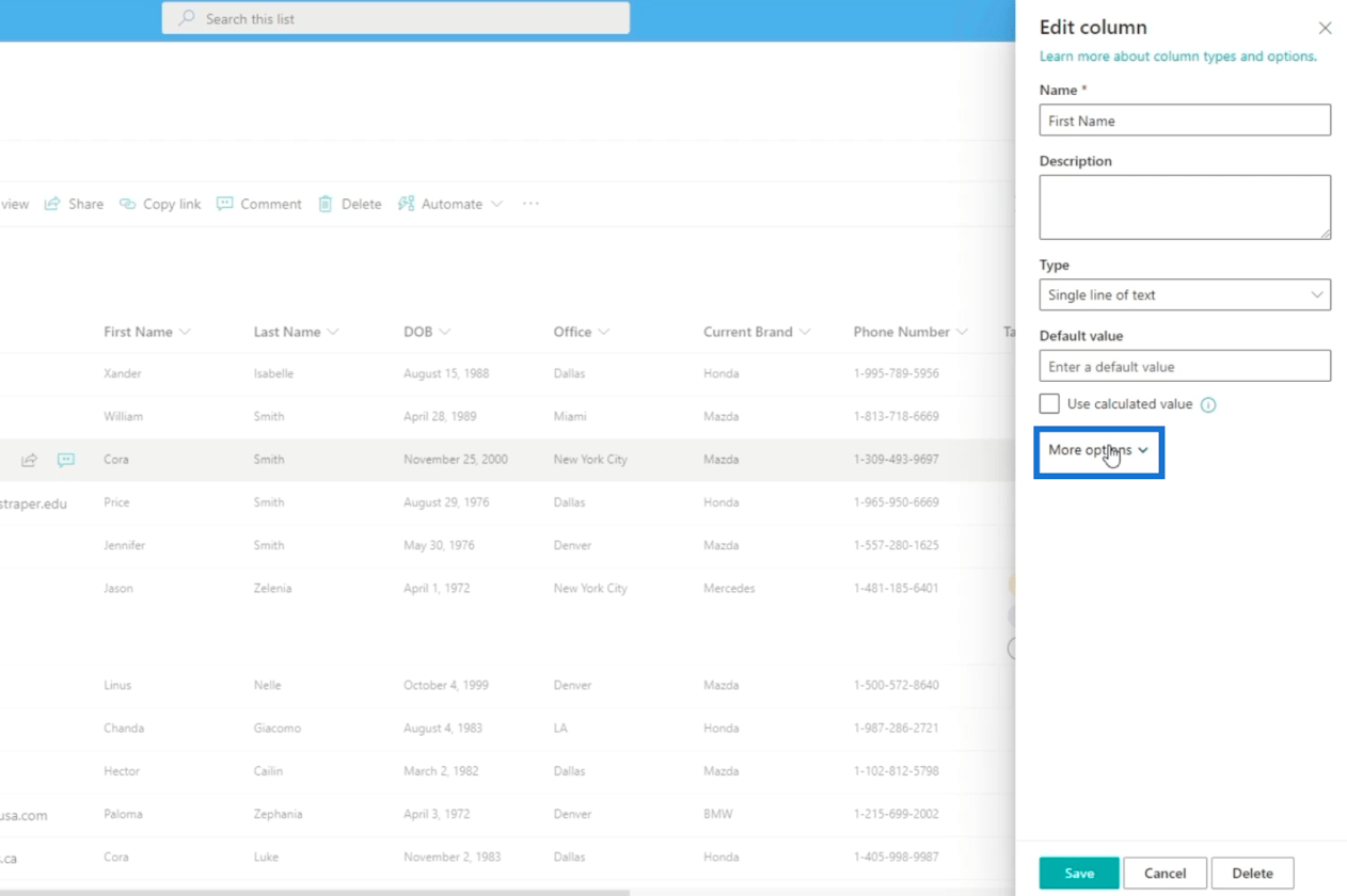 SharePoint-sarakkeen validointi kahdella tavalla