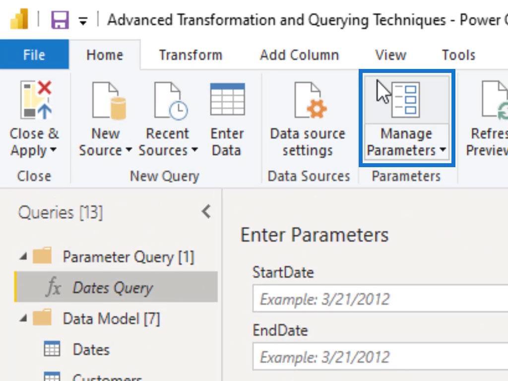 LuckyTemplates parametrar via frågeredigerare