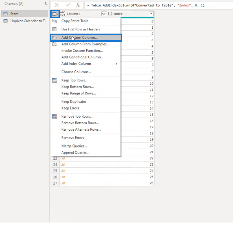 Forvandling af kalendertypelayout til tabelformat i LuckyTemplates ved hjælp af Query Editor