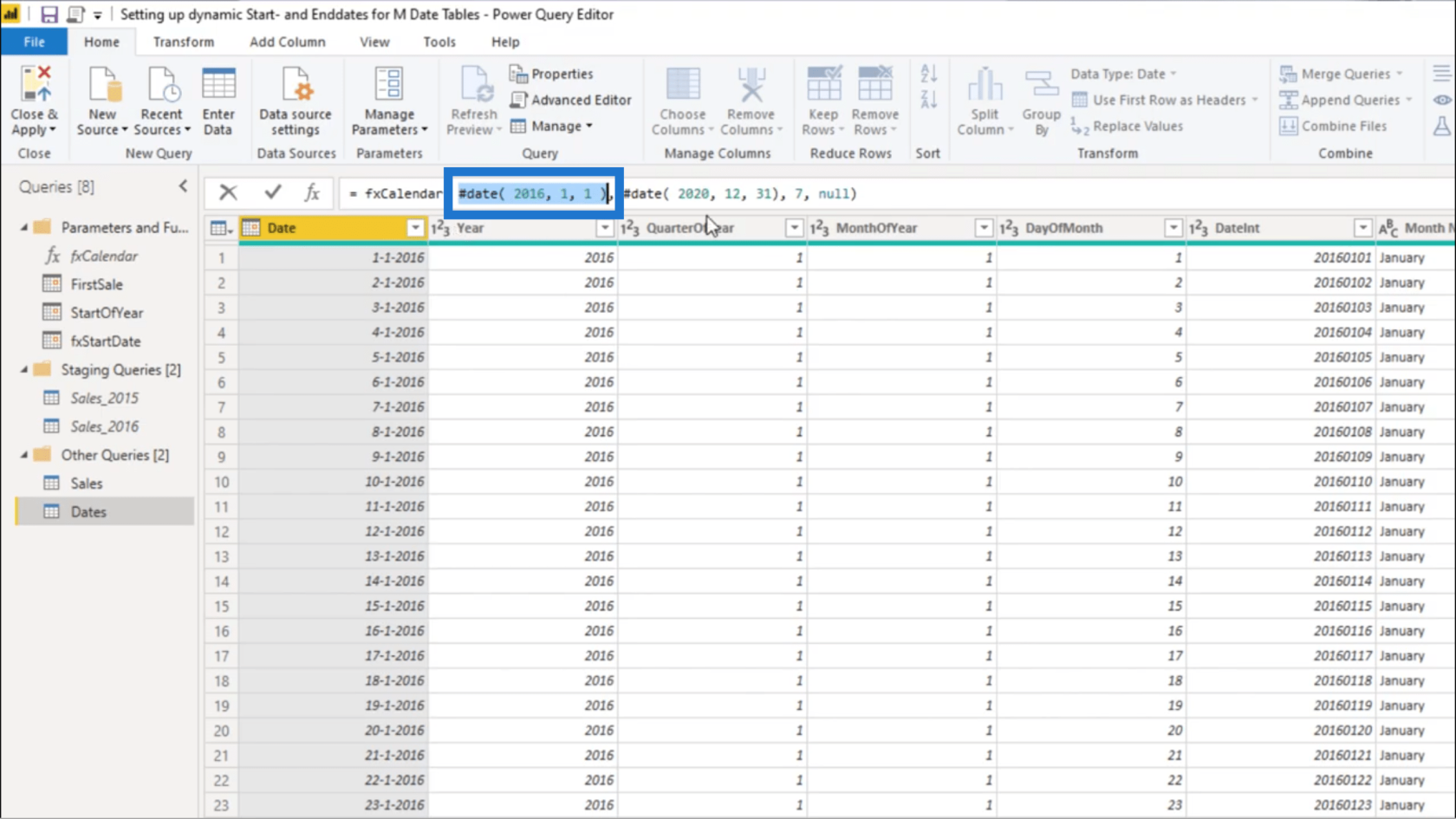 Sette opp en dynamisk startdato og sluttdato for datotabeller for Power Query