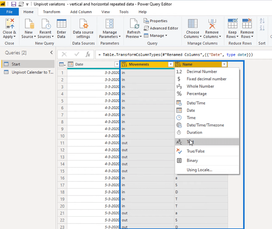 Gjøre kalendertypeoppsett til tabellformat i LuckyTemplates ved hjelp av Query Editor