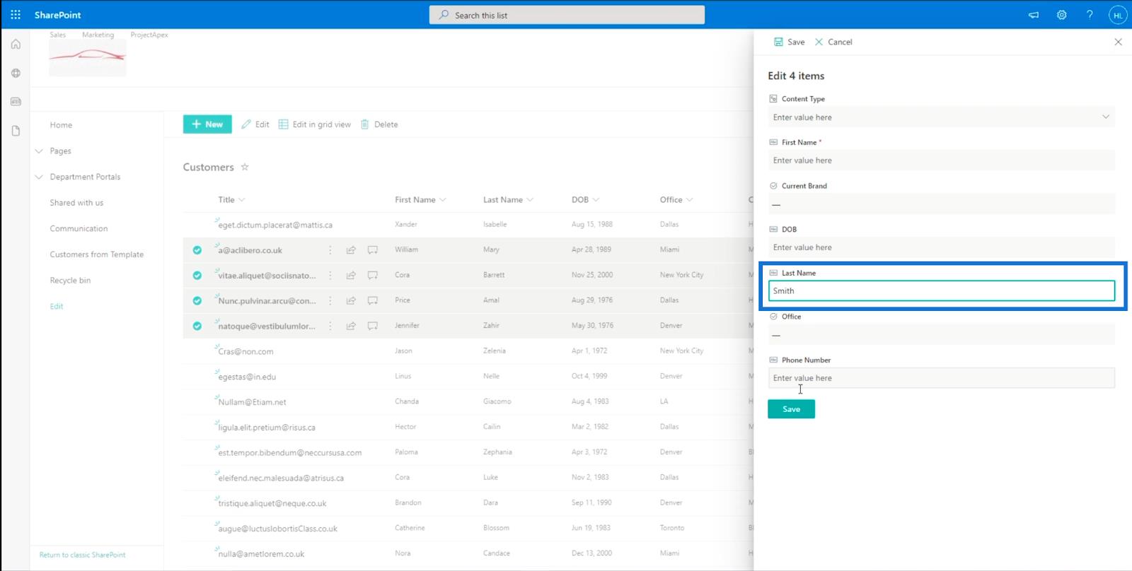 SharePoint-listeelement: Redigering af enkelte og flere elementer