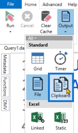 Kyselytuloksen purkaminen DAX Studiossa Output Option avulla