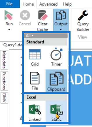 Kyselytuloksen purkaminen DAX Studiossa Output Option avulla