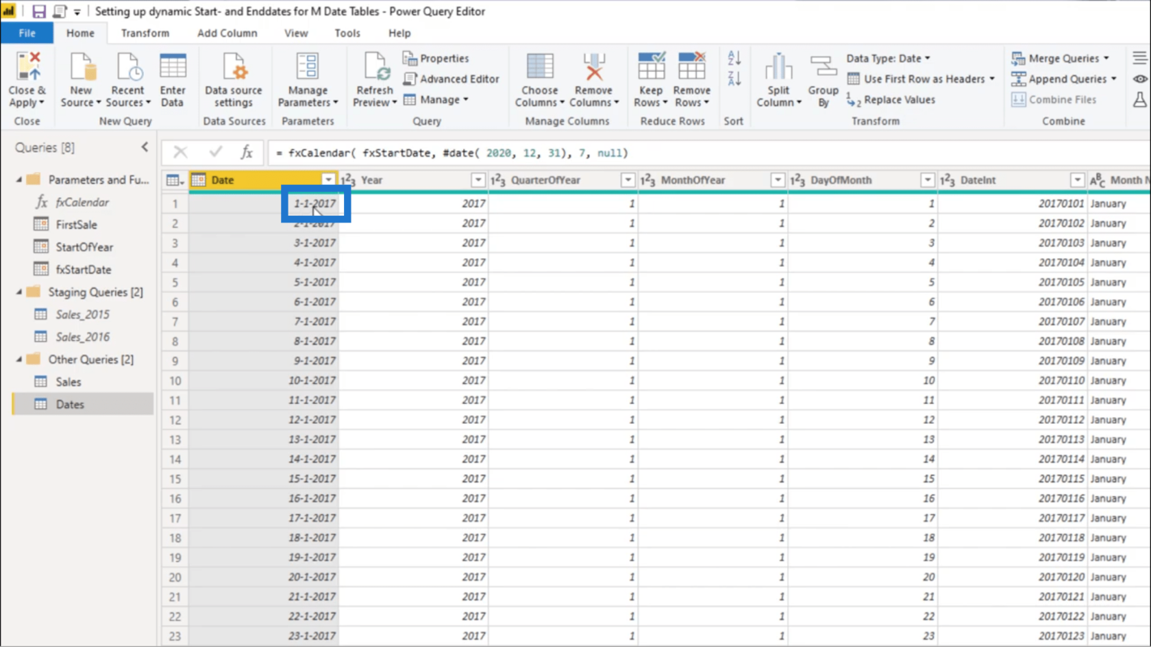 Sette opp en dynamisk startdato og sluttdato for datotabeller for Power Query