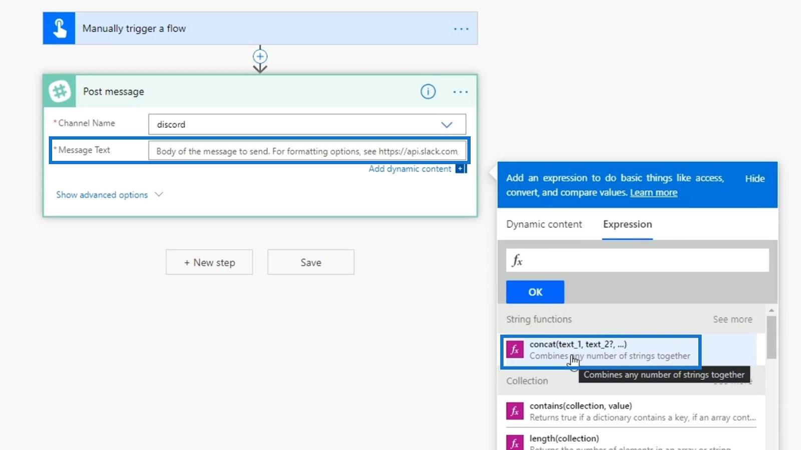 Microsoft Flow String Functions: Concat ja Replace