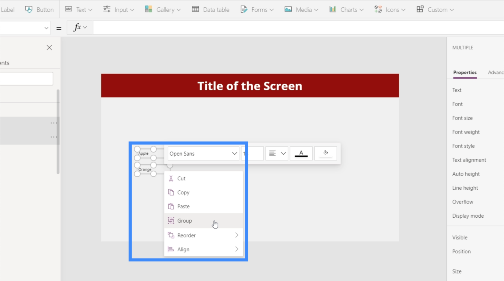 Microsoft Power Apps: групування елементів разом