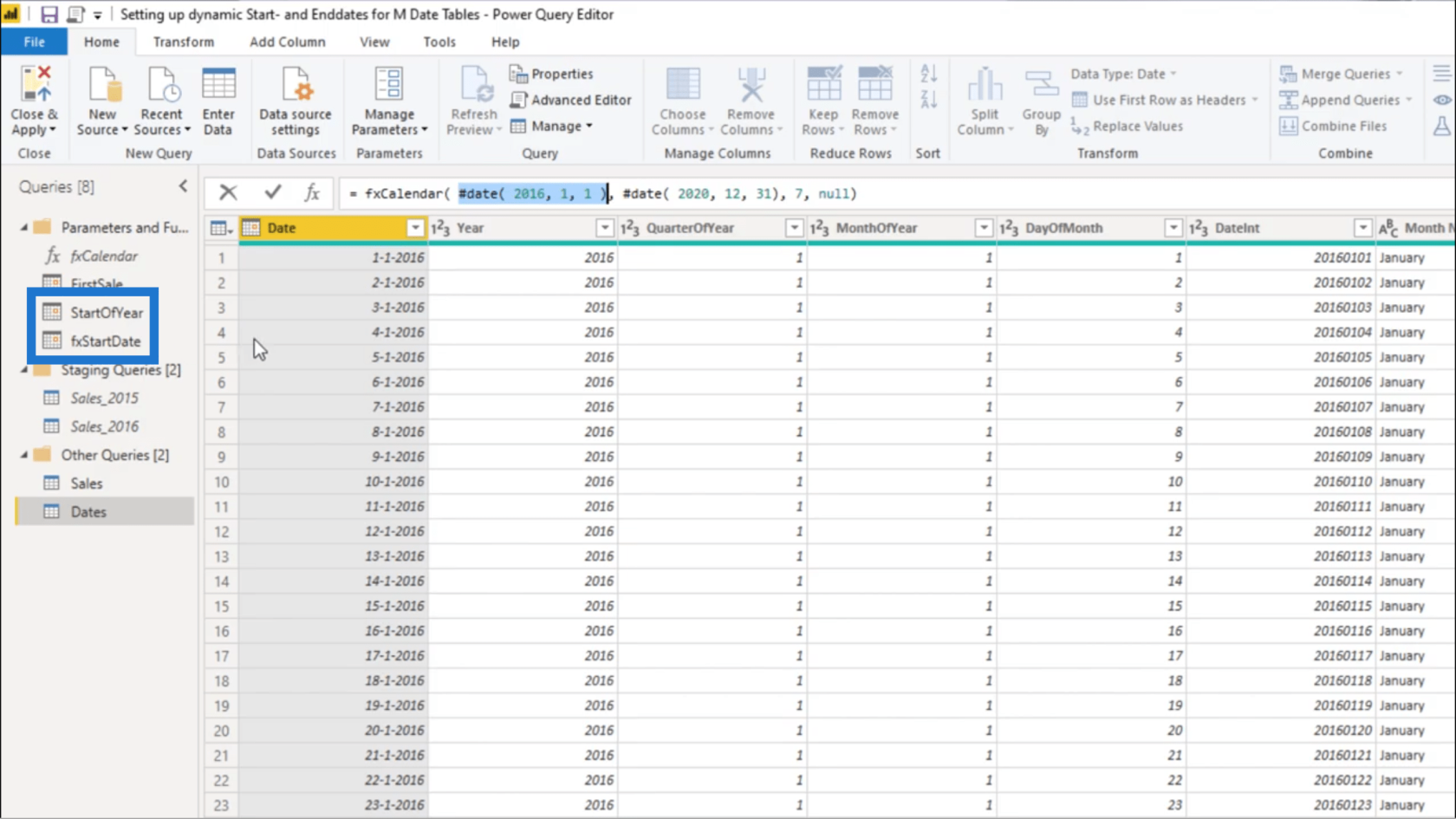 Ställa in ett dynamiskt startdatum och slutdatum för Power Query-datumtabeller