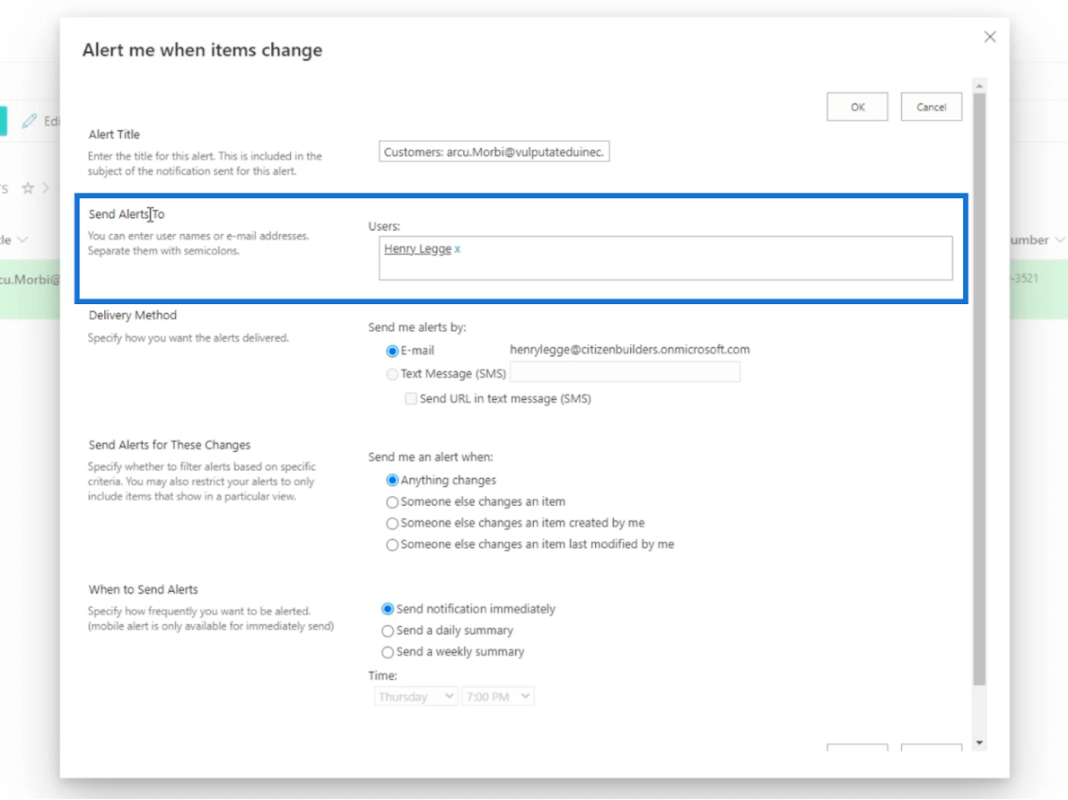 SharePoint-luettelon hälytysten määritys