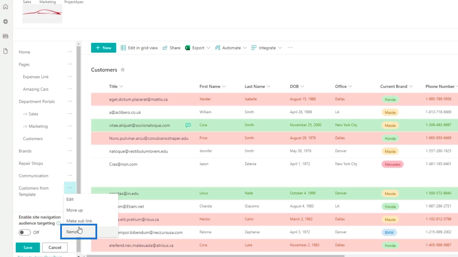 Tilføjelse af SharePoint List Navigation