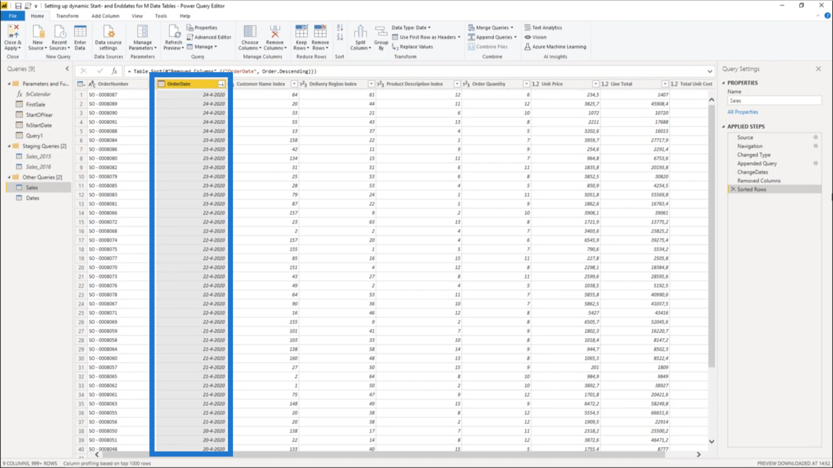 Nastavenie dynamického počiatočného a koncového dátumu pre tabuľky dátumov Power Query