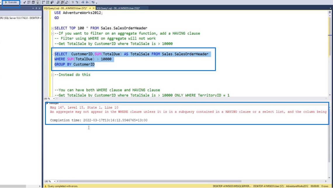 HAVING záradék az SQL Aggregate Functions-ban