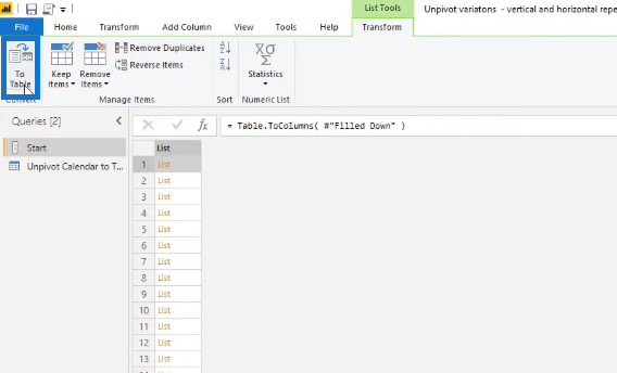 Förvandla kalendertypslayout till tabellformat i LuckyTemplates med hjälp av frågeredigeraren