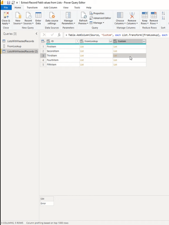 Handledning för Power Query Editor: Extrahera postfältvärden från listor