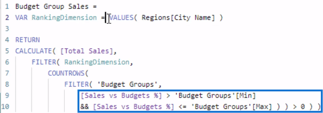 Gruppere resultater basert på ytelse kontra benchmarks i LuckyTemplates