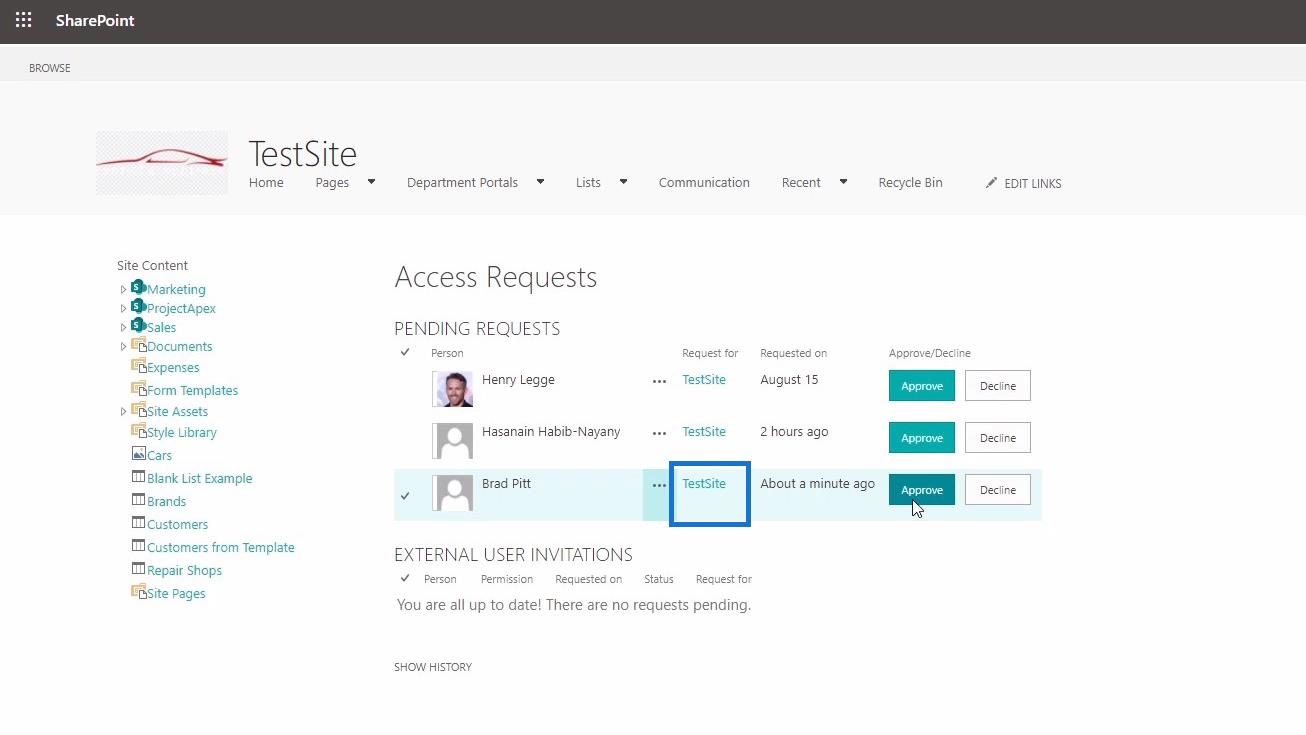 SharePoint webhely-hozzáférési kérelem testreszabása