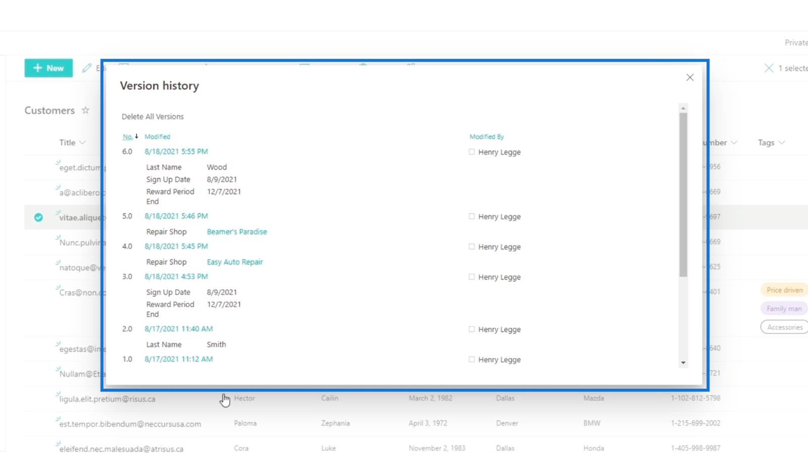 Versjonshistorikk i SharePoint-lister