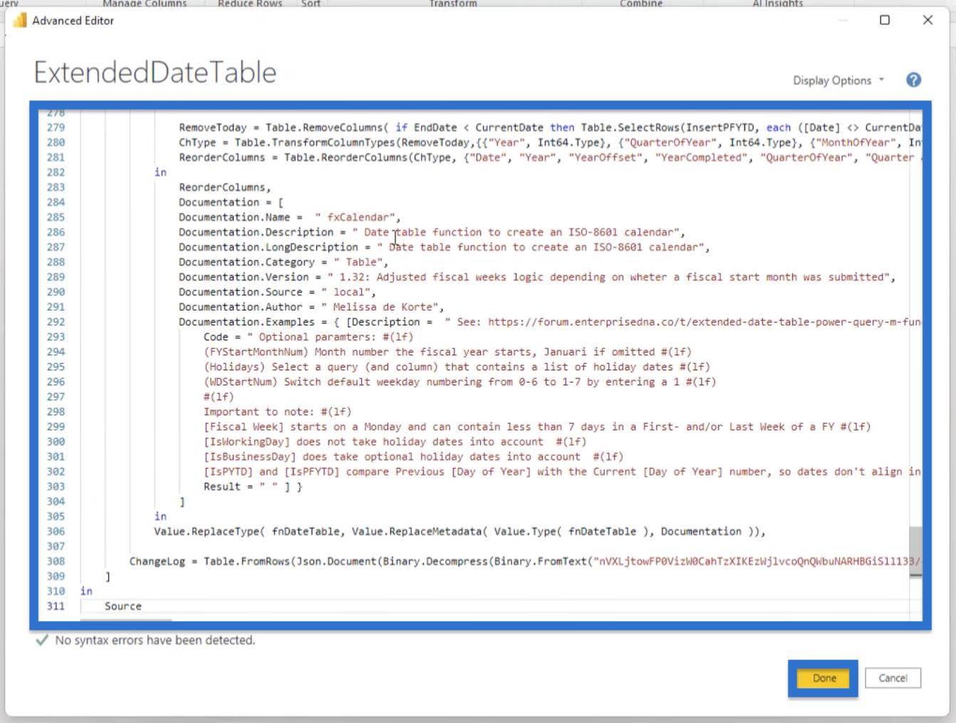 Introduktion av Power Query Extended Date Table V2