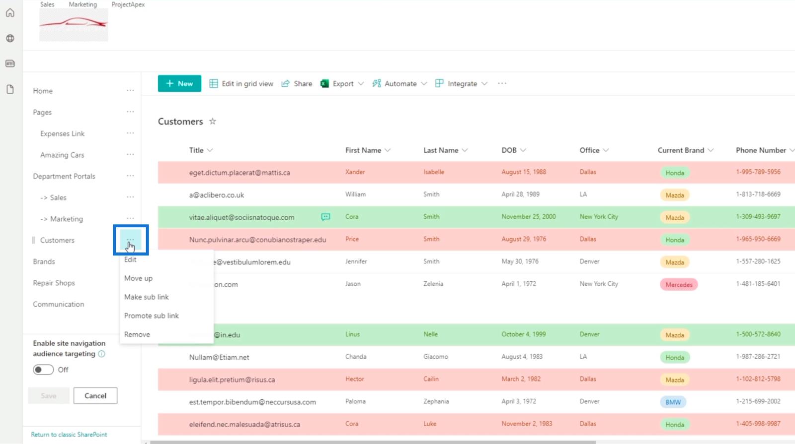 Legger til SharePoint List Navigation