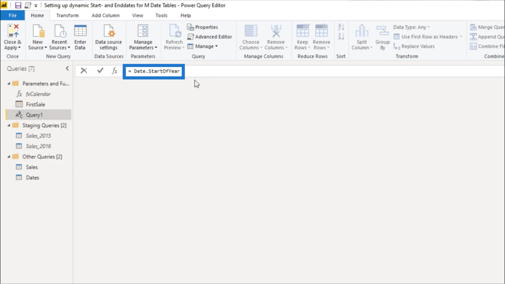 Ställa in ett dynamiskt startdatum och slutdatum för Power Query-datumtabeller