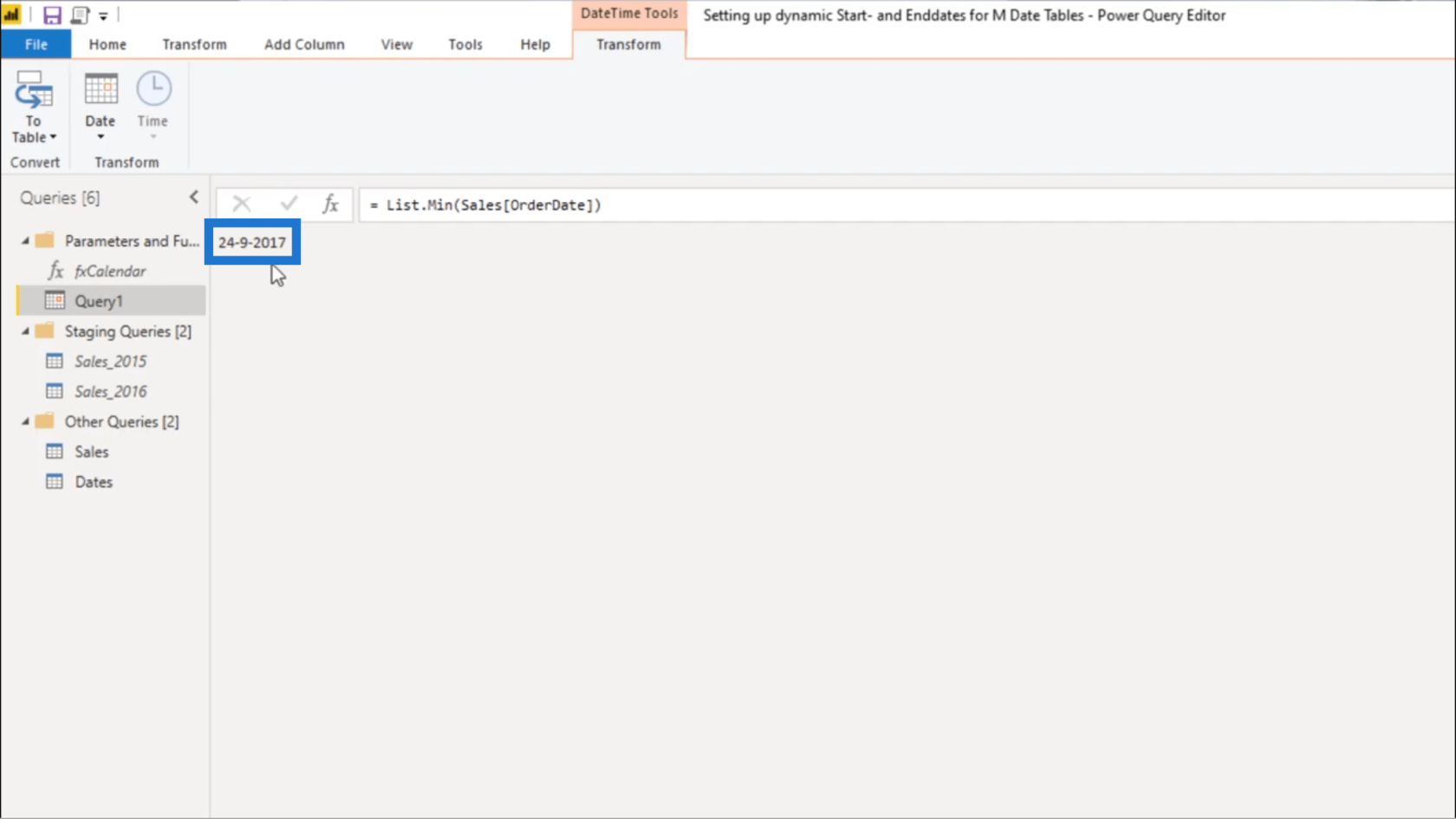 Ställa in ett dynamiskt startdatum och slutdatum för Power Query-datumtabeller