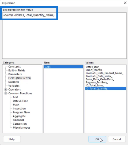 Paginerade rapporter: Sortera och filtrera ett stapeldiagram