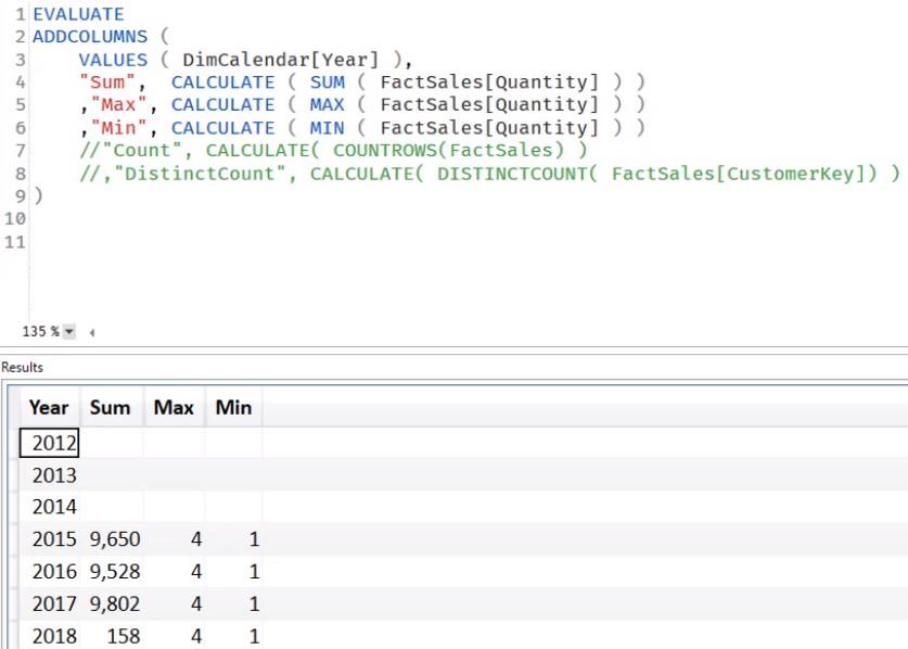 XmSQL-aggregeringer i VertiPaq DAX Studio