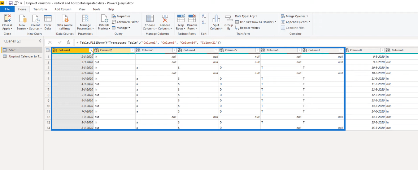 Gjøre kalendertypeoppsett til tabellformat i LuckyTemplates ved hjelp av Query Editor