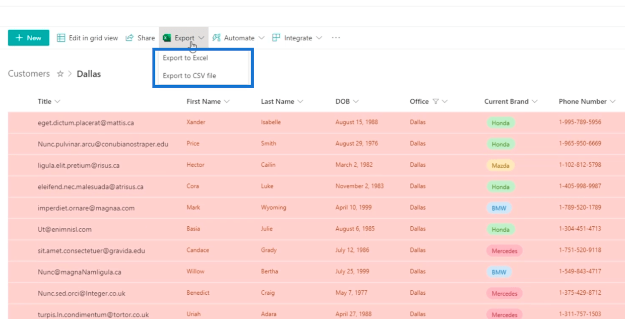 SharePoint-listák exportálása Excel- vagy CSV-fájlba