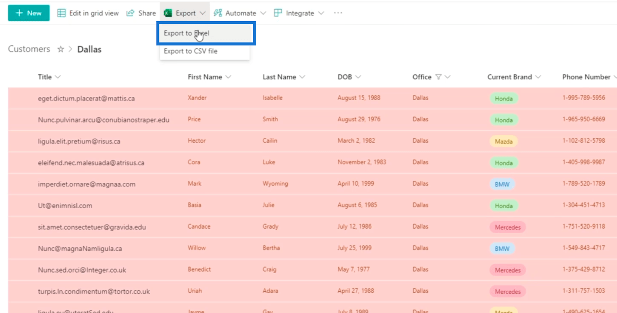 Eksporter SharePoint-lister til Excel- eller CSV-fil