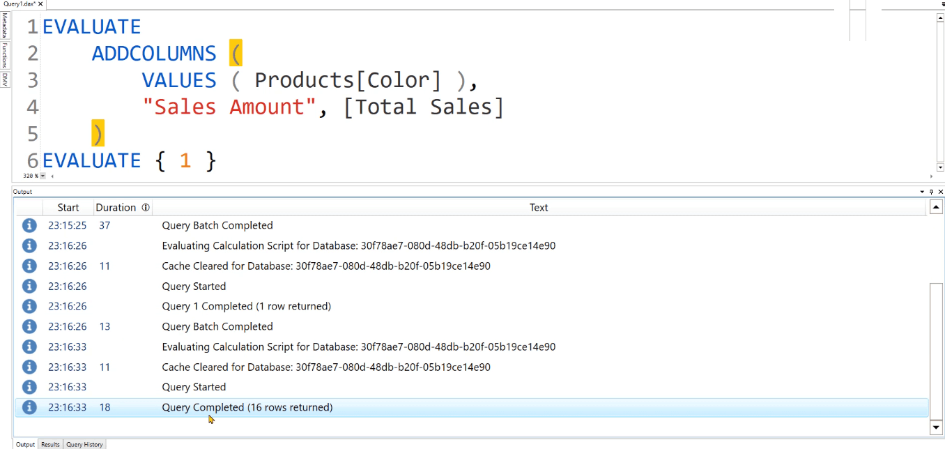 Lekérdezés eredményének kinyerése a DAX Studióban a kimeneti opció használatával
