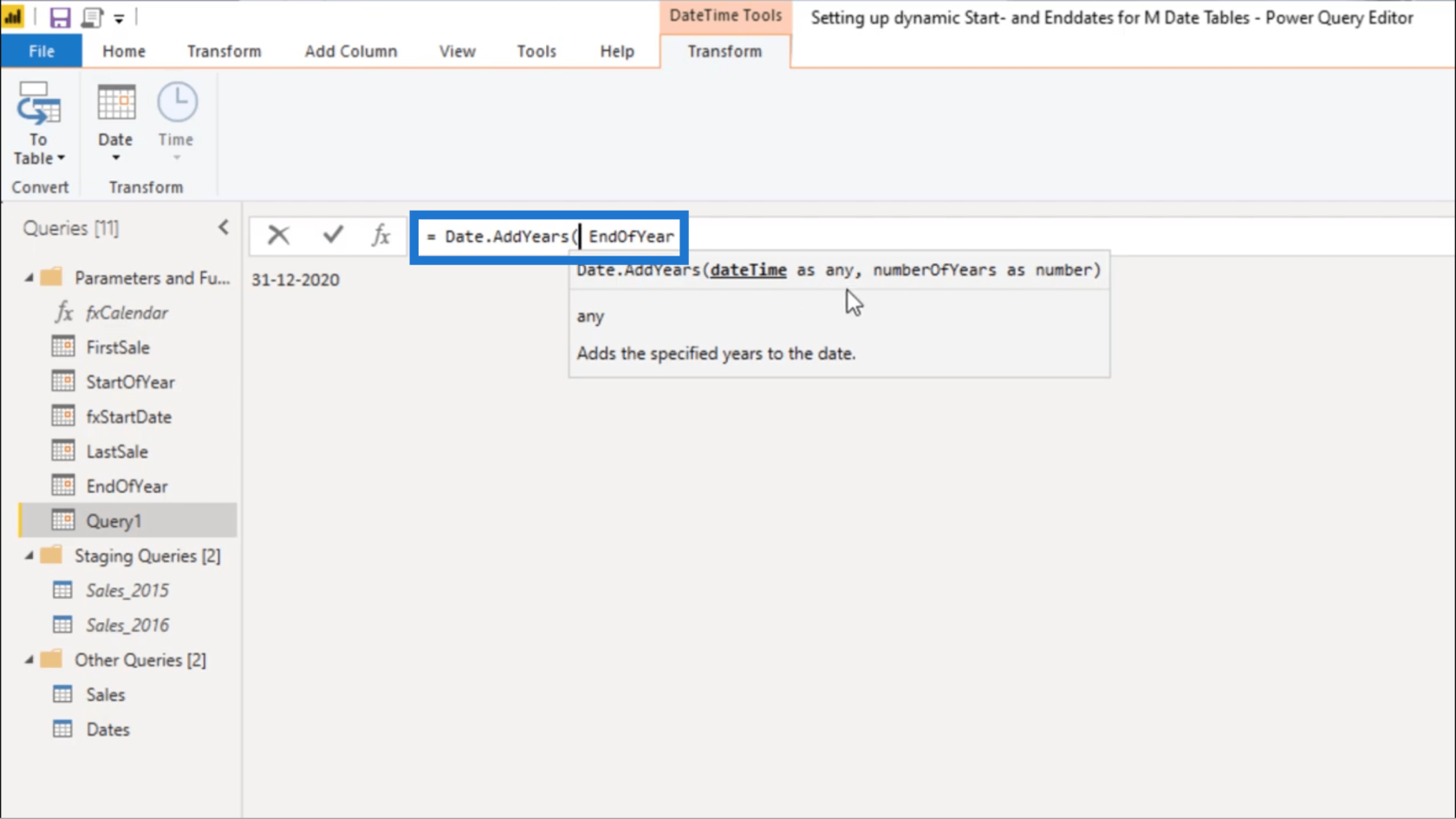 Ställa in ett dynamiskt startdatum och slutdatum för Power Query-datumtabeller