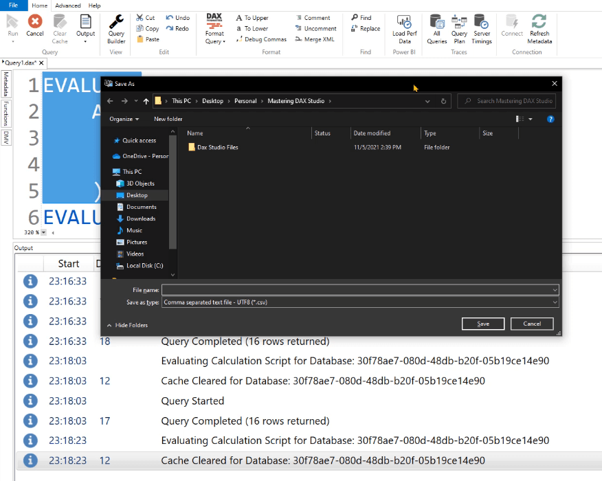 Kyselytuloksen purkaminen DAX Studiossa Output Option avulla