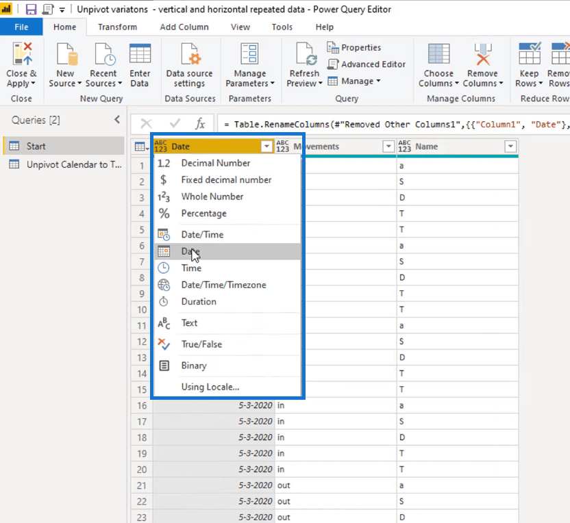 Gjøre kalendertypeoppsett til tabellformat i LuckyTemplates ved hjelp av Query Editor