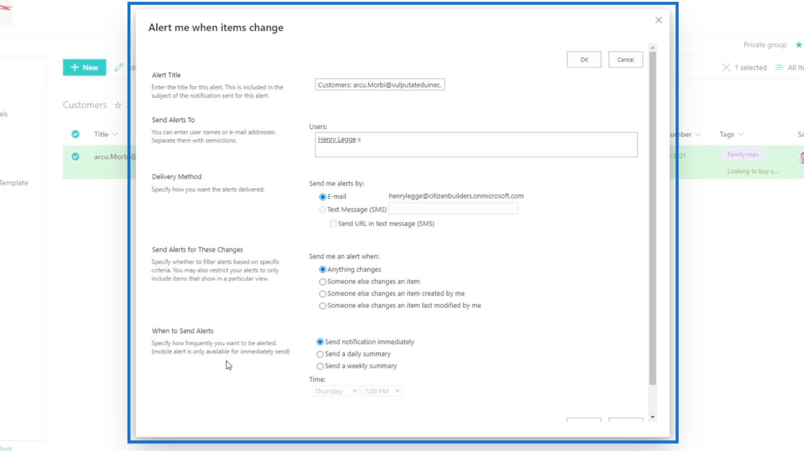 SharePoint-luettelon hälytysten määritys