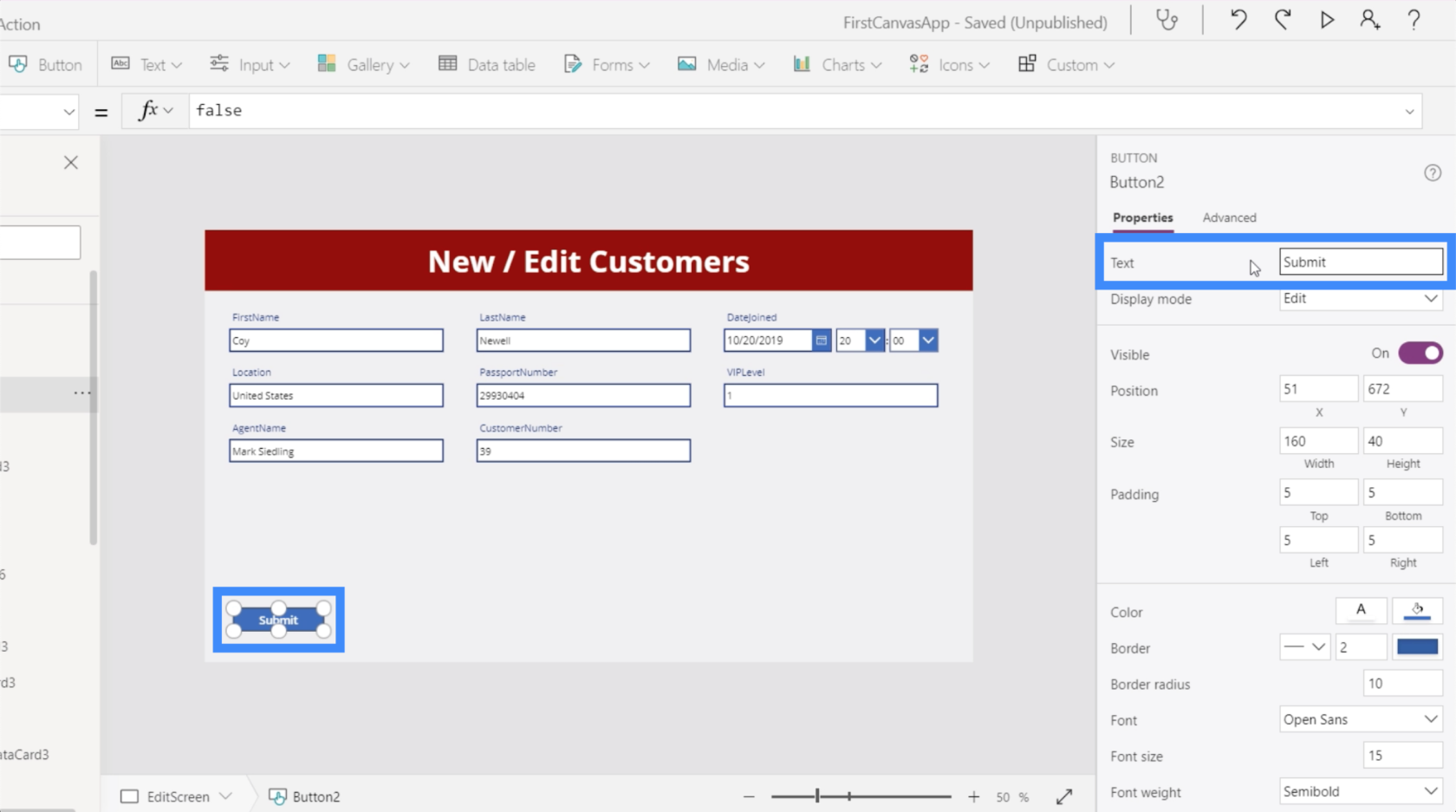 MS Power Apps detaljeskærm og formularskærm