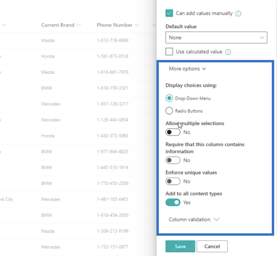 Přidání pole SharePoint Choice v seznamu