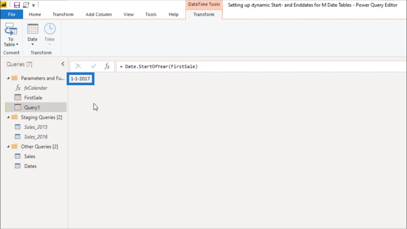 Ställa in ett dynamiskt startdatum och slutdatum för Power Query-datumtabeller