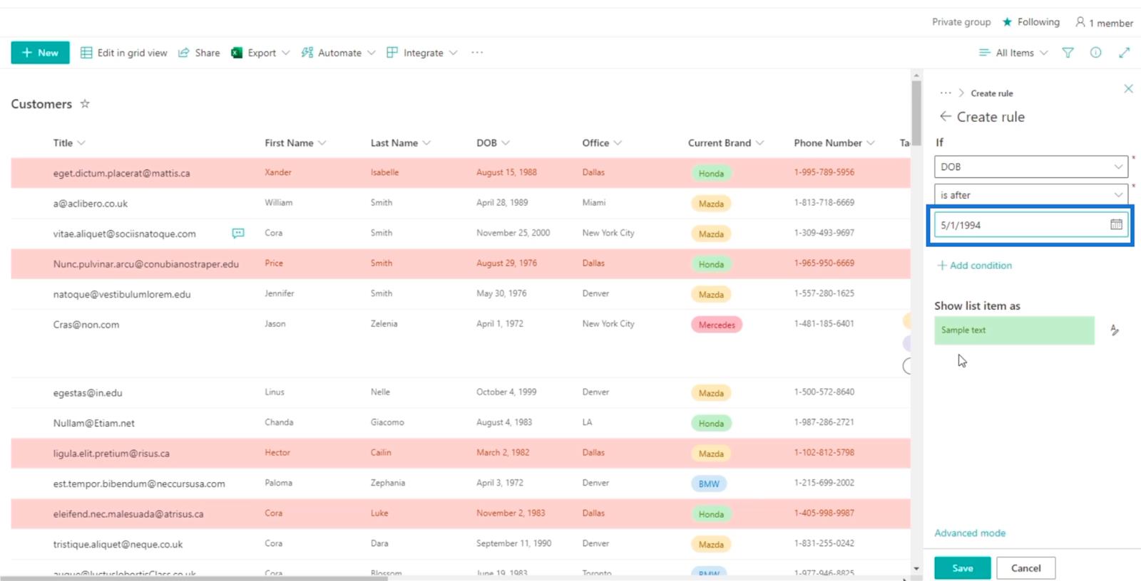 SharePoint List Formatering Walkthrough