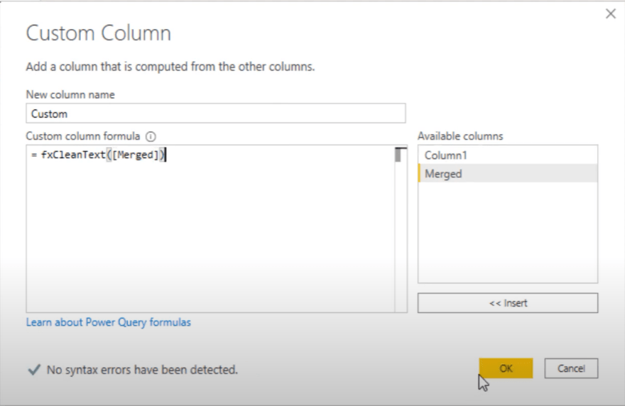 Oprettelse af en brugerdefineret tekstrensningsfunktion i Power Query